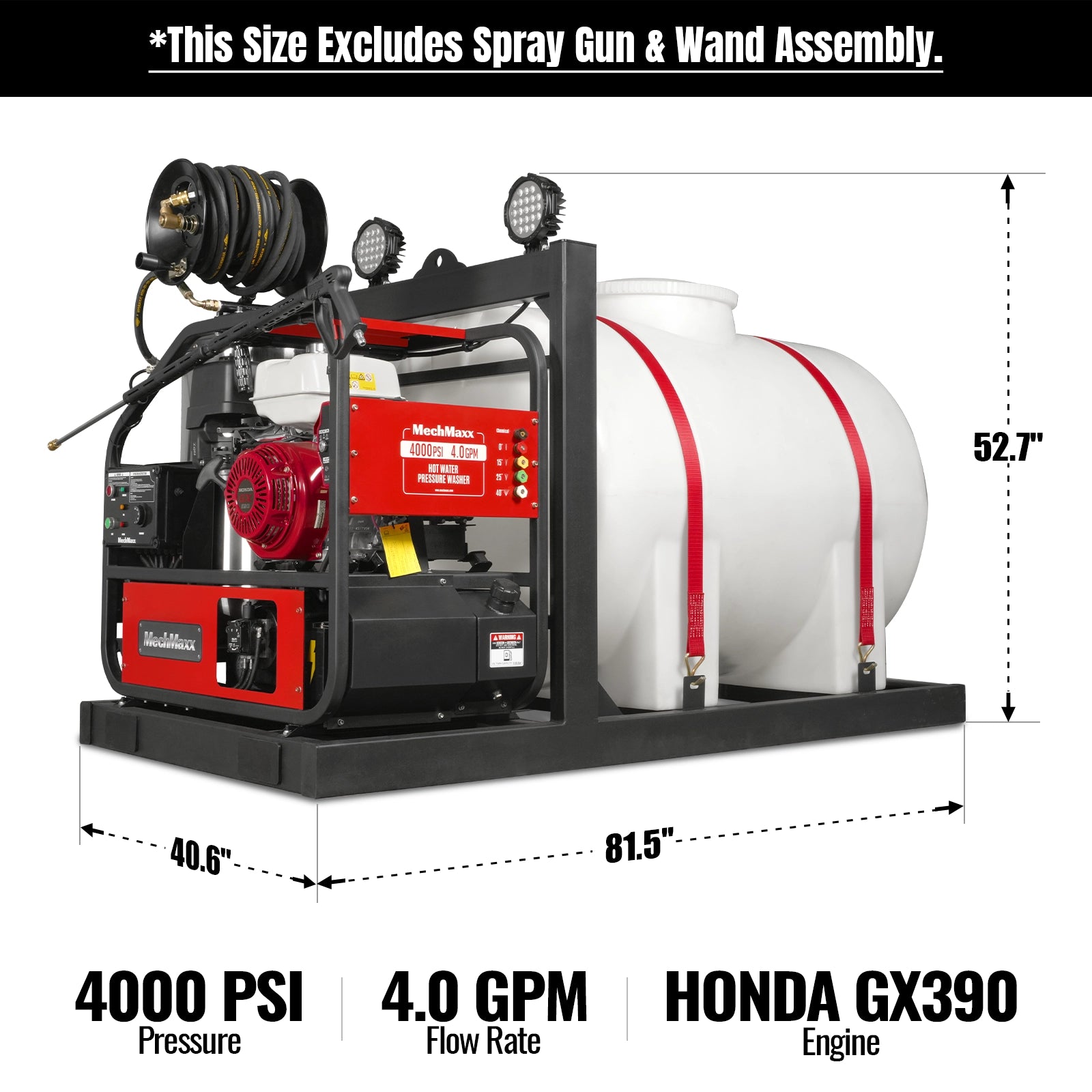 4000 PSI 4 GPM HONDA E-Start Engine Hot Water Pressure Washer Skid Mounted with 245 Gal Tank, HPW40HBT