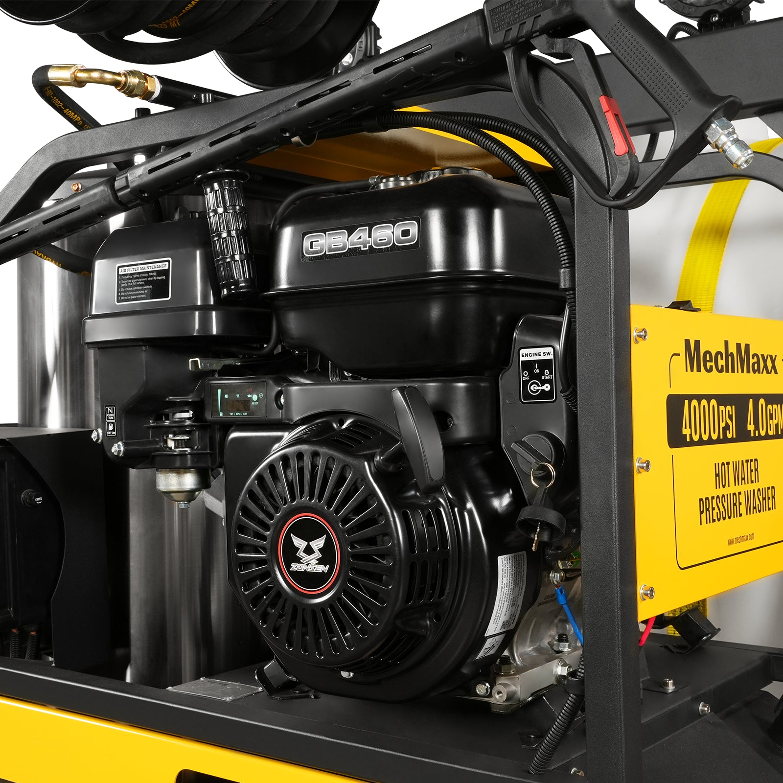 4000 PSI 4 GPM 15 HP ZONSEN E-Start Gas Engine Hot Water Pressure Washer Skid Mounted with 175 Gal Tank, HPW40DT