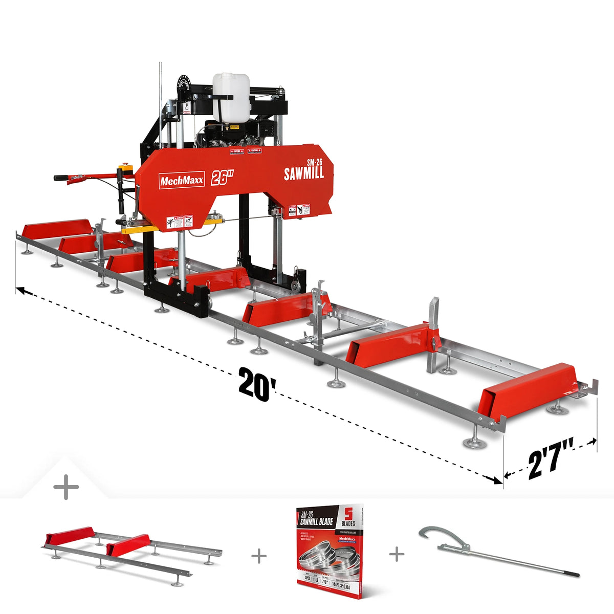 26" Portable Sawmill (5x Blades Included), KOHLER CH440 429cc E-Start Gasoline Engine, 20" Board Width, 20' Track Length (13' Track Length + 6.6' Track Extension Included) , SM-26
