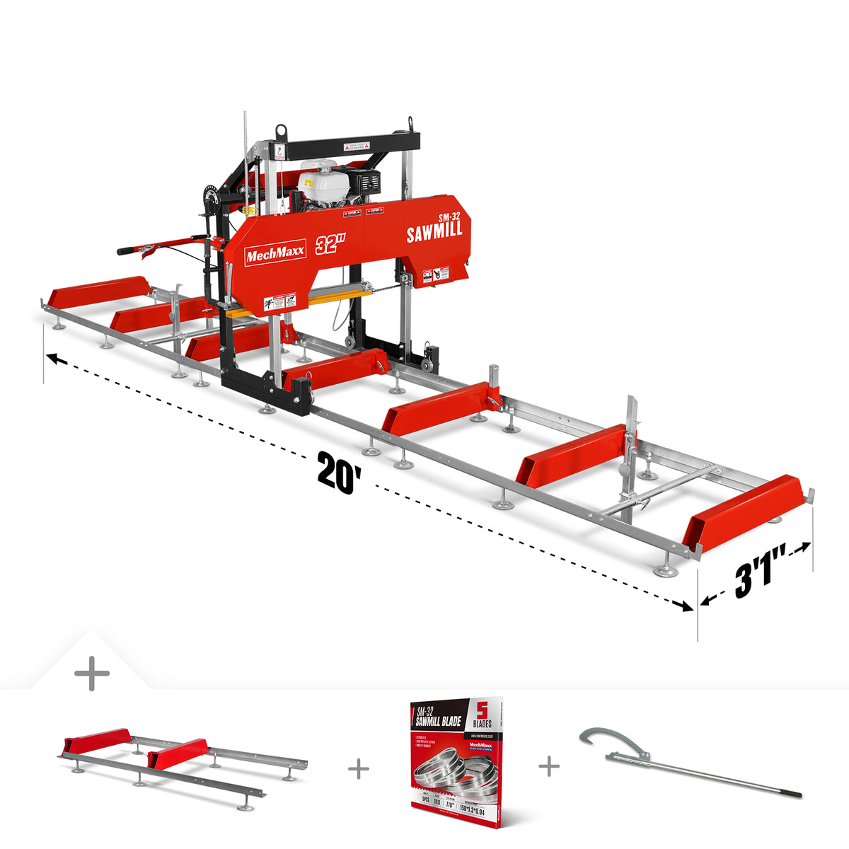 32" Portable Sawmill (5 x Blades Included), HONDA GX390 389cc E-Start Gasoline Engine, 26.5" Board Width, 20' Track Length (13' Track Length + 6.6' Track Extension Included) , SM-32