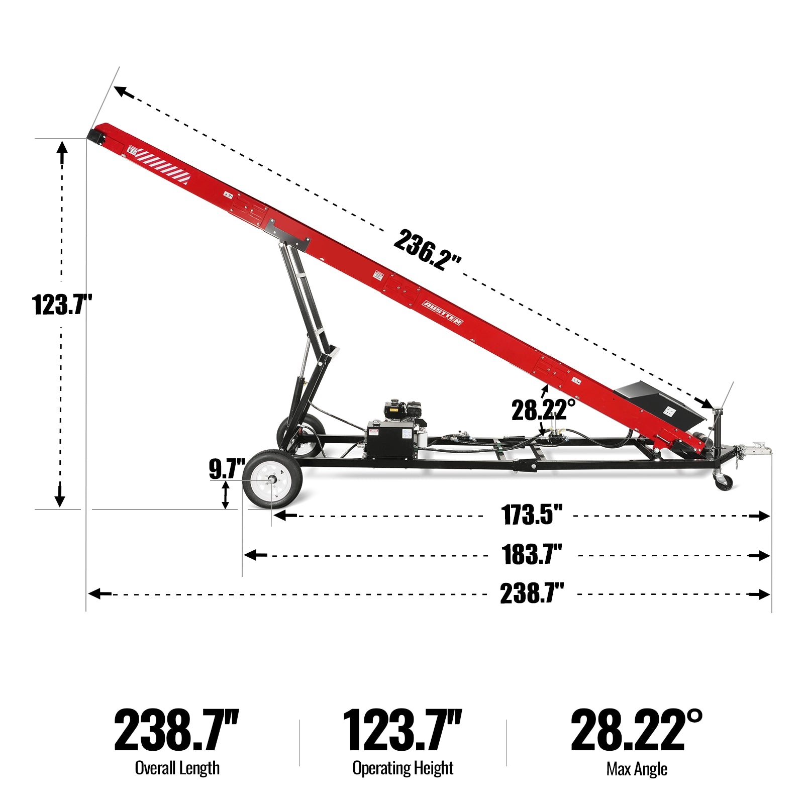 Heavy Duty Firewood Conveyor, 7HP 212cc Gasoline Powered Max. 124" Lift Height, 236'' Length, 16" Width, HC2016