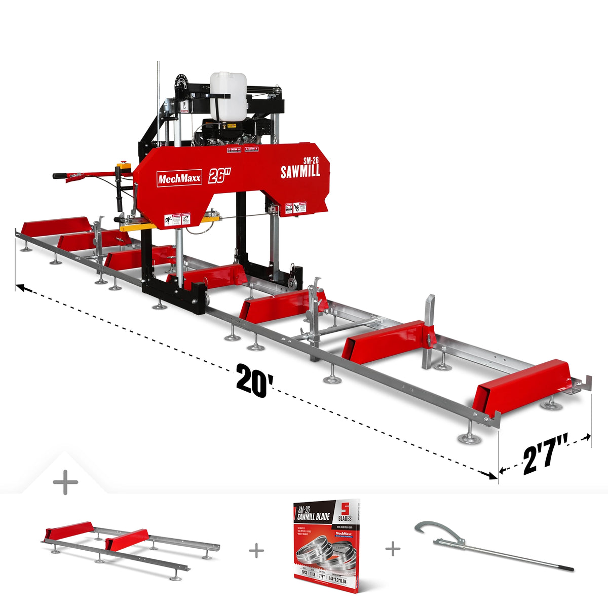 26" Portable Sawmill (5x Blades Included), 459cc 15HP E-Start Gasoline Engine, 20" Board Width, 20' Track Length (13' Track Length + 6.6' Track Extension Included) , SM-26