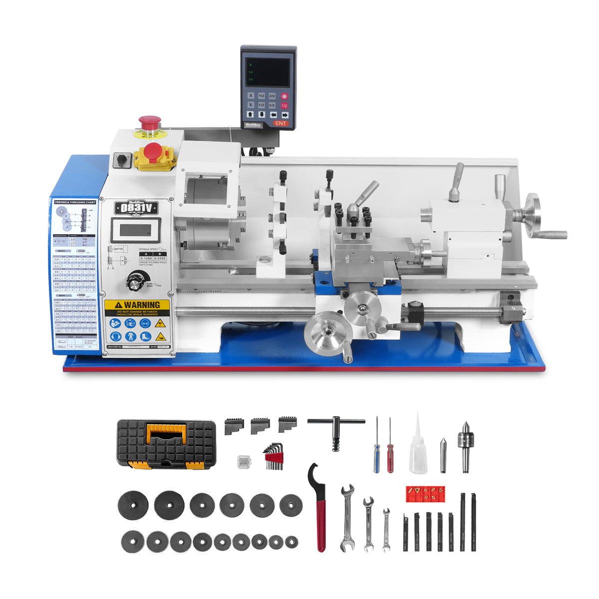 1.5‘’ Spindle Bore Metal Lathe Machine with DRO 8'' x 16'' High Precision Brushless Motor Mini 1.5HP Benchtop 0-2500 RPM Variable Speed Metal Working Machine 1.5‘’ Spindle Bore Small Lathe without Stand
