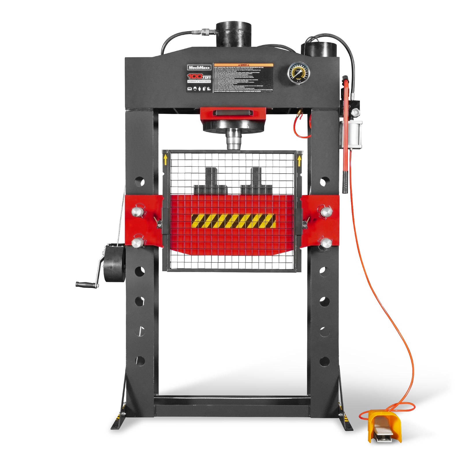 100 Ton H-Frame Air/Hydraulic Shop Press with Hand Winch,  Fully Welded Steel Frame,  Safety Guard,  Foot Pedal Control,  HSP100