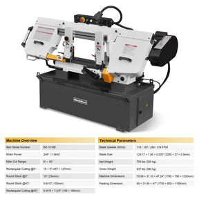 Metal Cutting Band Saw, 10" Round / 18"x5" Rectangular Capacity, 2HP 1.5kW Motor, 4-Speed (35-114 MPM), Horizontal Bandsaw with 0-45° Swivel, Hydraulic Downfeed, 230V 1PH 60Hz, Industrial Grade for Steel, Aluminum & Alloys BS-1018B