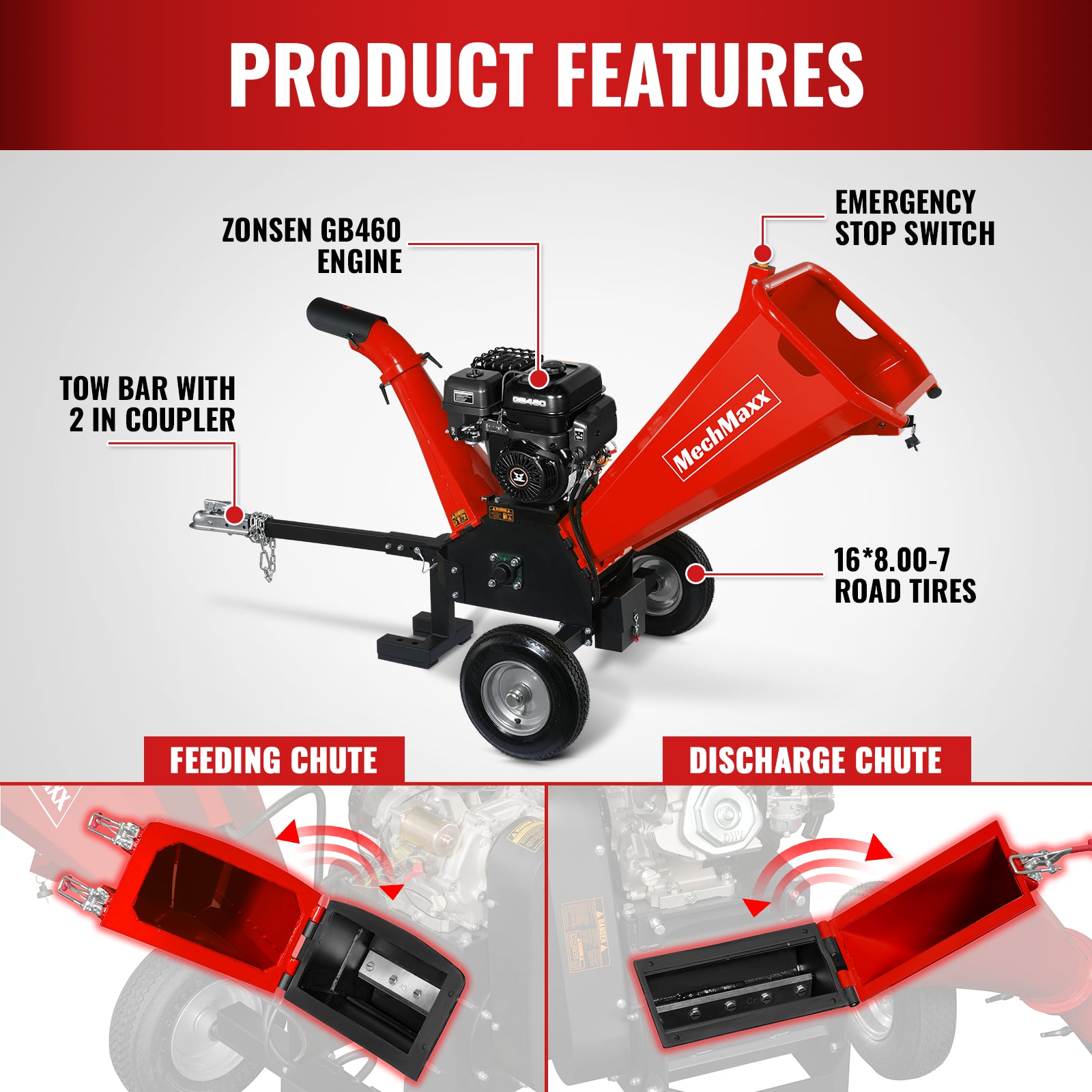 5 inch E-start ZONSEN 459cc Gasoline Engine Powered Wood Chipper , GS1500