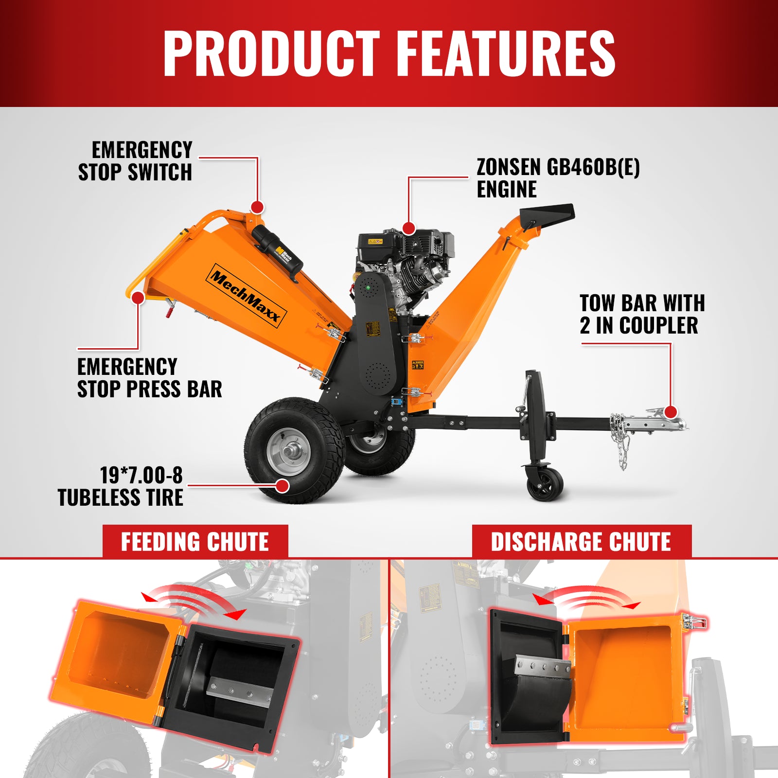 6 inch E-start ZONSEN 459cc 15hp Gasoline Engine Powered Drum Wood Chipper , P4206