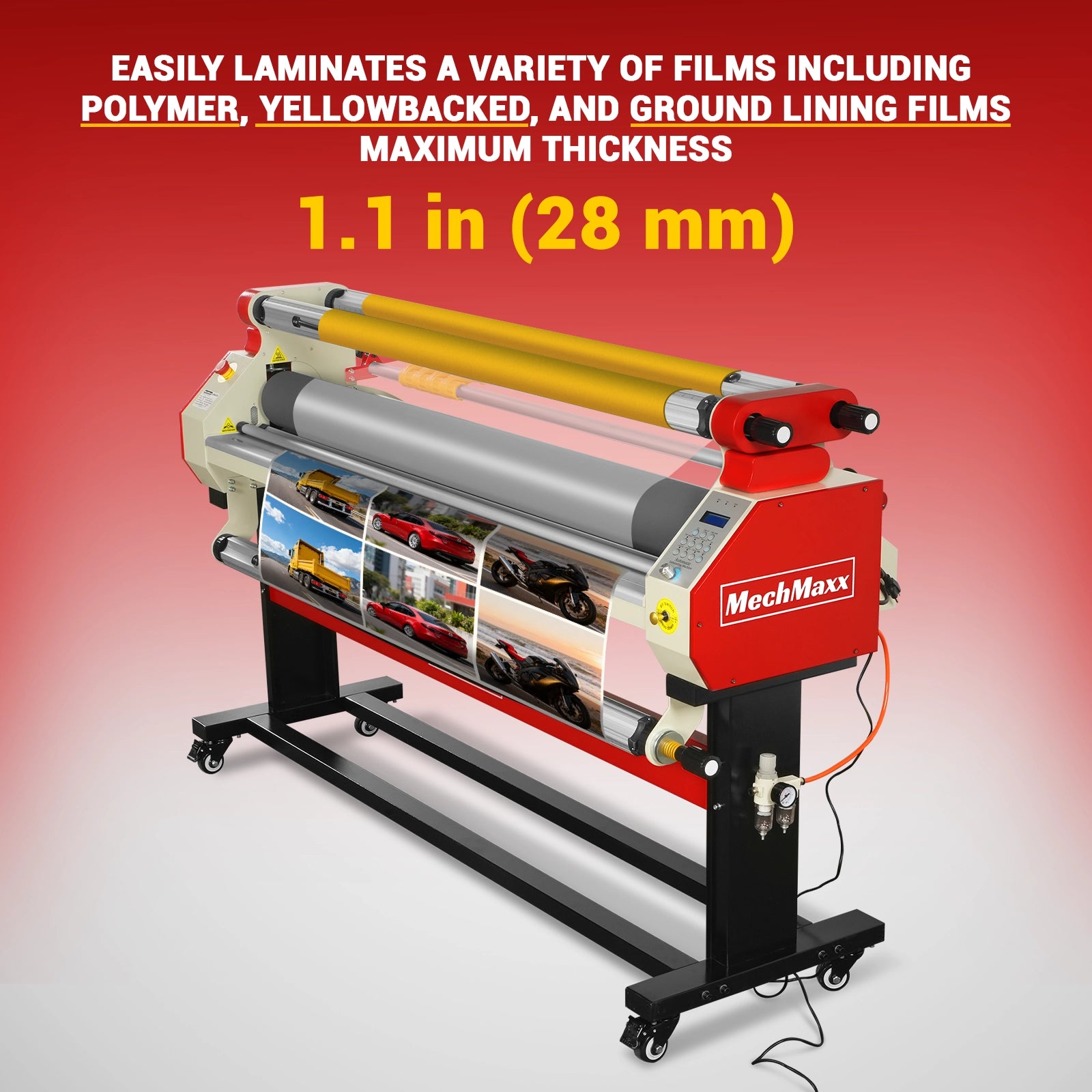 65" Wide Format Full-Auto Cold & Heat Assisted Pneumatic Laminator Machine with 4 Trimmers, Max Speed 40ft/min, 63" Max Width, Infrared Heating, Digital Control Pneumatic Roller Lifting (Requires Air Compressor, Not Included) 1700-B1RED
