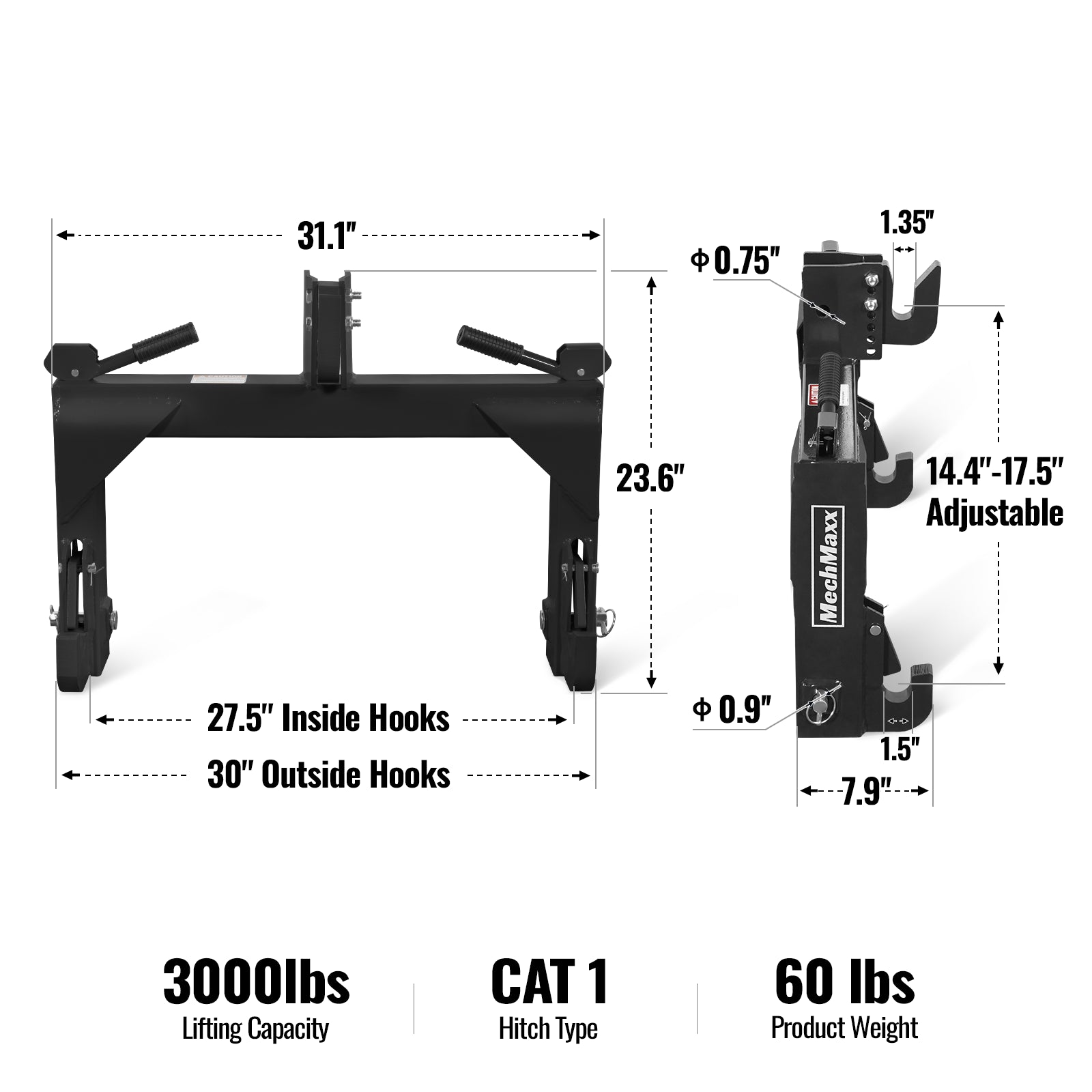 3 Point Quick Hitch Cat 1 for Tractors, Black, QH1B