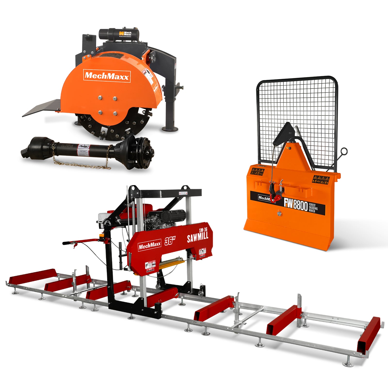 36" MAX Portable Sawmill & 3-Point PTO Stump Grinder & Forestry Log Skidding Winch Combo