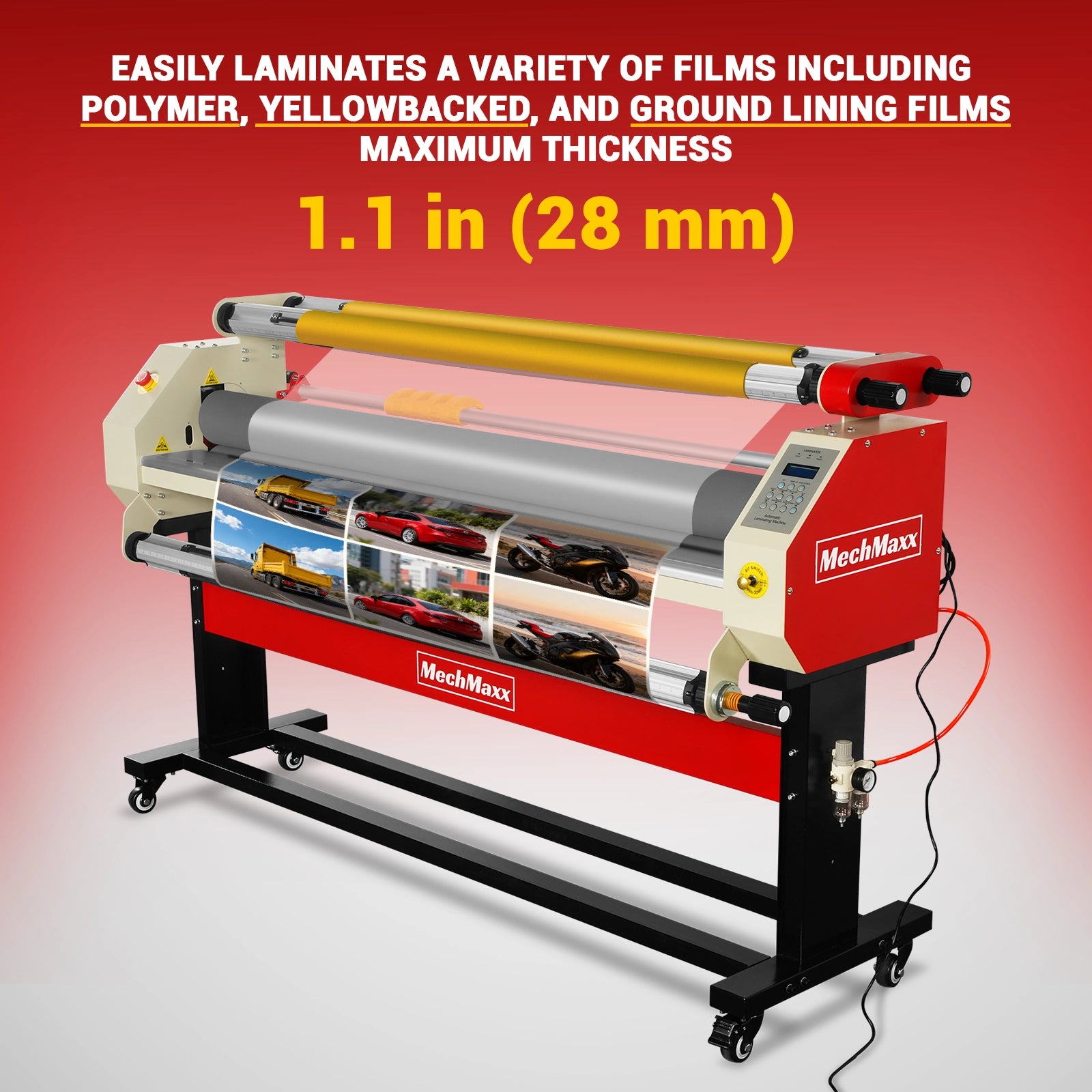 65" Wide Format Full-Auto Cold & Heat Assisted Pneumatic Laminator Machine with 4 Trimmers, Max Speed 40ft/min, 63" Max Width, Infrared Heating, Digital Control Pneumatic Roller Lifting (Requires Air Compressor, Not Included) 1700-B2RED