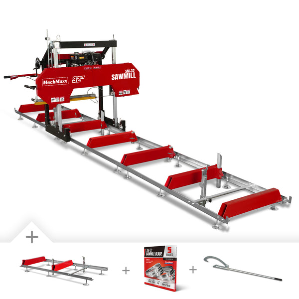 32" Portable Sawmill (5 x Blades Included), 420cc 15HP E-Start Gasoline Engine, 29" Track Width, 20' Track Length (6.6' Track Extension Included); Model SM-32