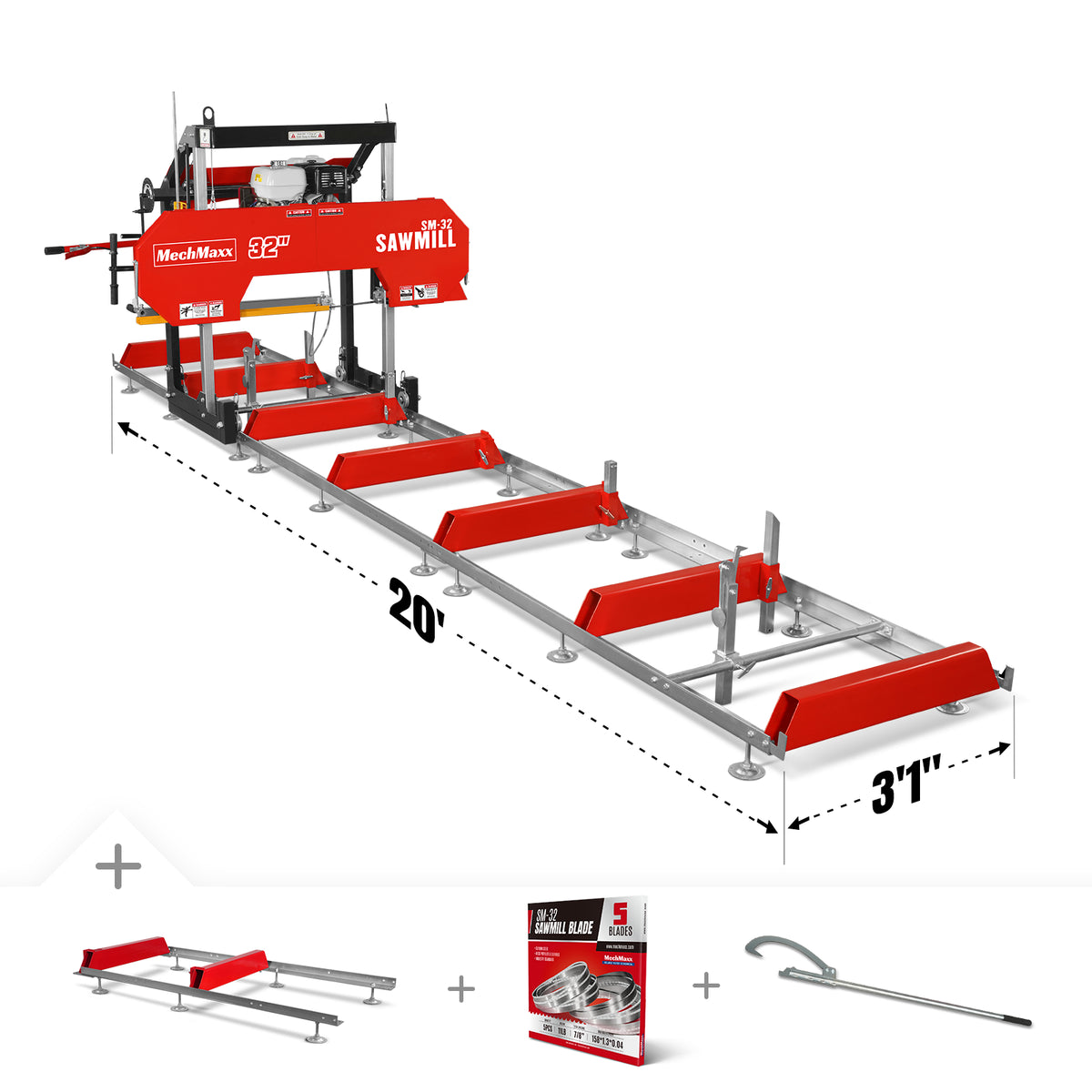 32" Portable Sawmill (5 x Blades Included), HONDA GX390 389cc E-Start Gasoline Engine, 29" Board Width, 20' Track Length (13' Track Length + 6.6' Track Extension Included) , SM32