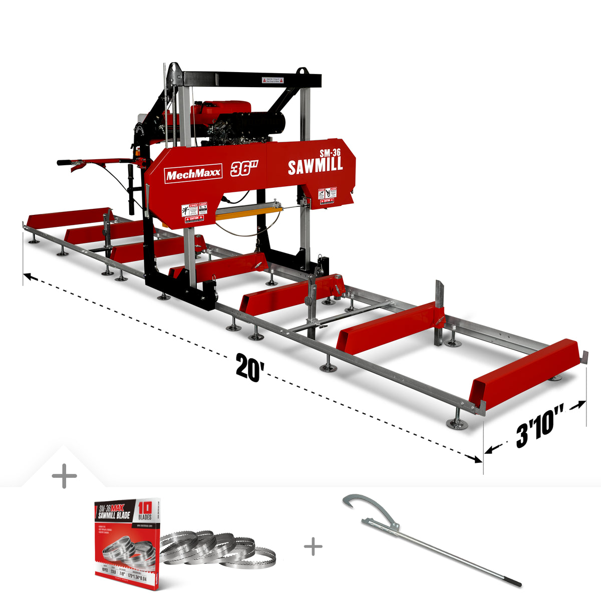 36" MAX Portable Sawmill, 25HP 750cc ZONSEN V-Twin Engine, 36" Board Width, 20' Track Length, (10 x Blades Included), SM36MAX