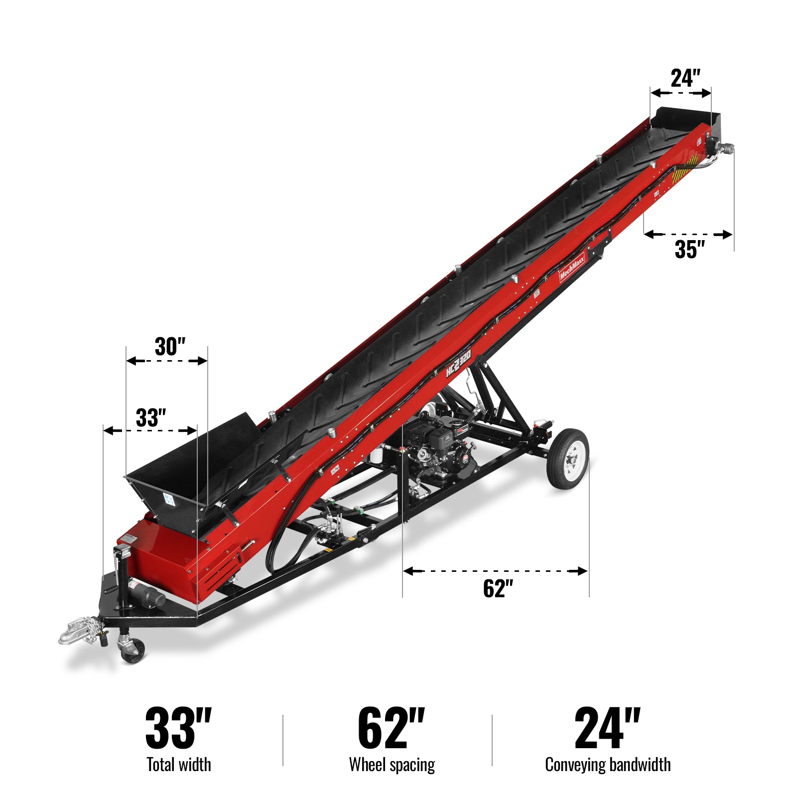 Heavy Duty Firewood Conveyor, 9HP 270cc Gasoline Powered Max. 180" Lift Height, 276'' Length, 24" Width, HC2320