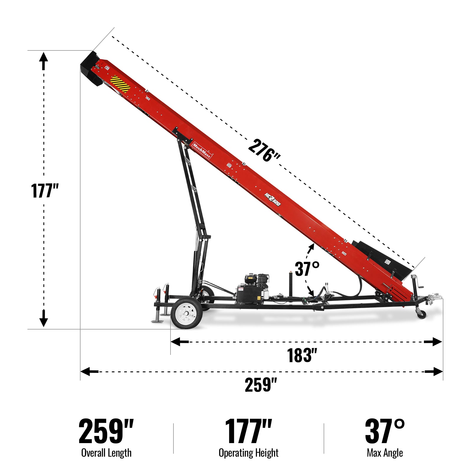 Heavy Duty Firewood Conveyor, 9HP 270cc Gasoline Powered Max. 180" Lift Height, 276'' Length, 24" Width, HC2320