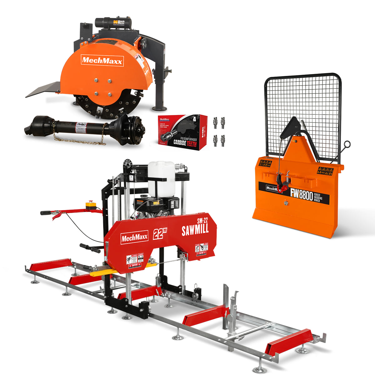 3-Point PTO Stump Grinder & 22" Portable Sawmill & Forestry Log Skidding Winch Combo,SG24 & SM22 &FW8800
