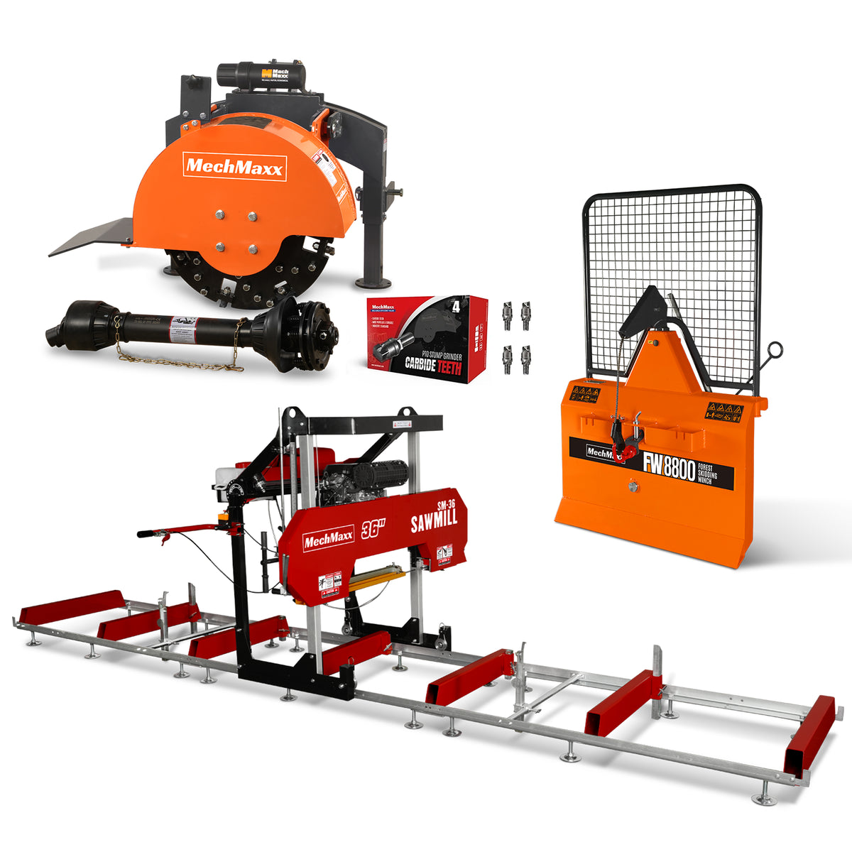 36" MAX Portable Sawmill & 3-Point PTO Stump Grinder & Forestry Log Skidding Winch Combo