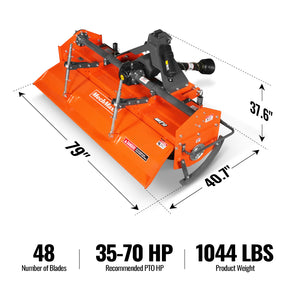 72 in Rotary Tiller, 3 Point Hitch Cat.1 & 2, Gear Drive, PTO Shaft Included with Slip Clutch, 35–70 HP, MRT72