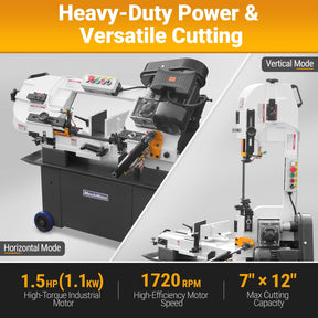 7" x 12" Metal Band Saw, 1.5 HP 115V/230V Dual Voltage 4-Speed Horizontal Vertical Bandsaw with Hydraulic Downfeed, Coolant System & Adjustable Angle Cutting for Steel, Aluminum, Pipe & Structural Metal BS-712N