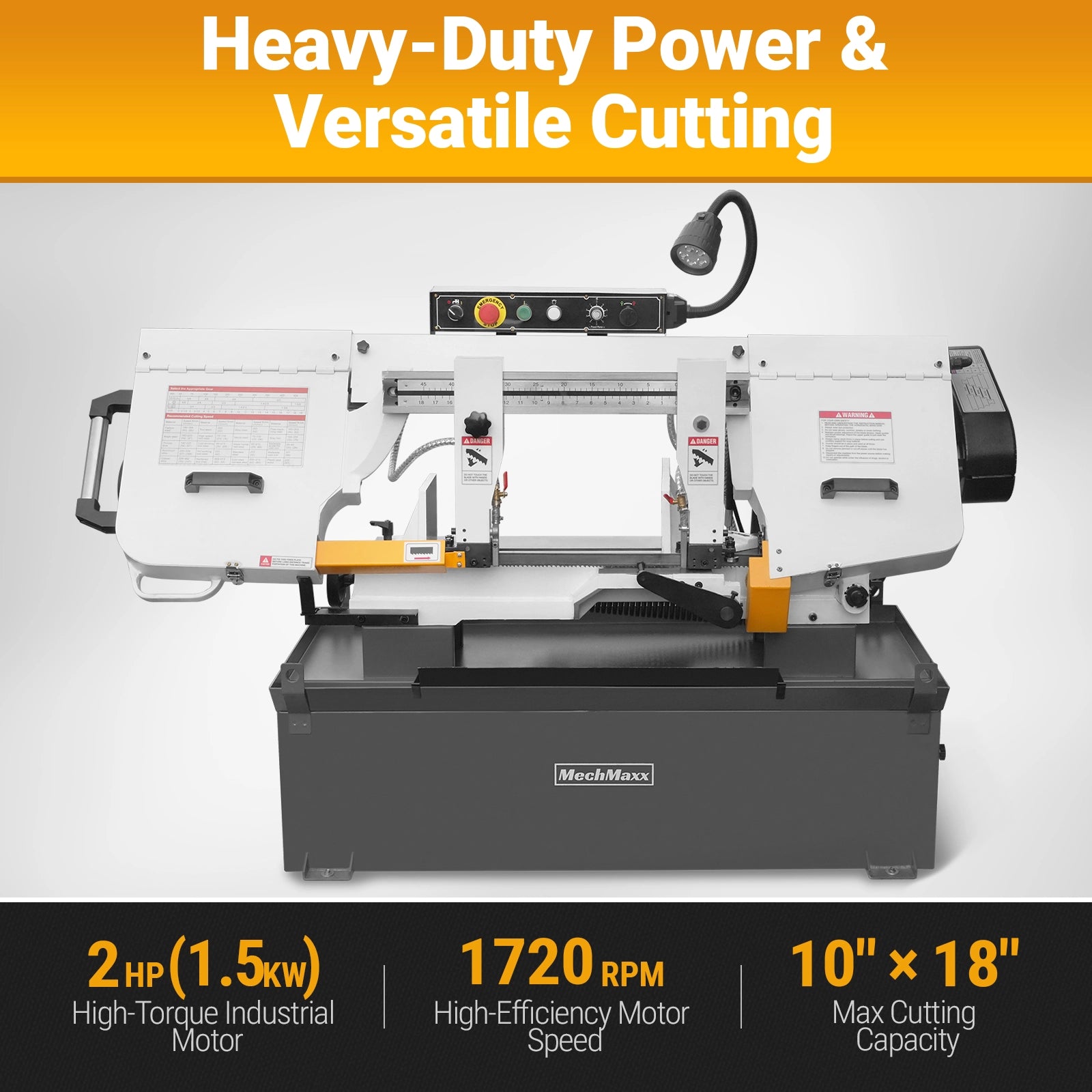 Metal Cutting Band Saw, 10" Round / 18"x5" Rectangular Capacity, 2HP 1.5kW Motor, 4-Speed (35-114 MPM), Horizontal Bandsaw with 0-45° Swivel, Hydraulic Downfeed, 230V 1PH 60Hz, Industrial Grade for Steel, Aluminum & Alloys BS-1018B