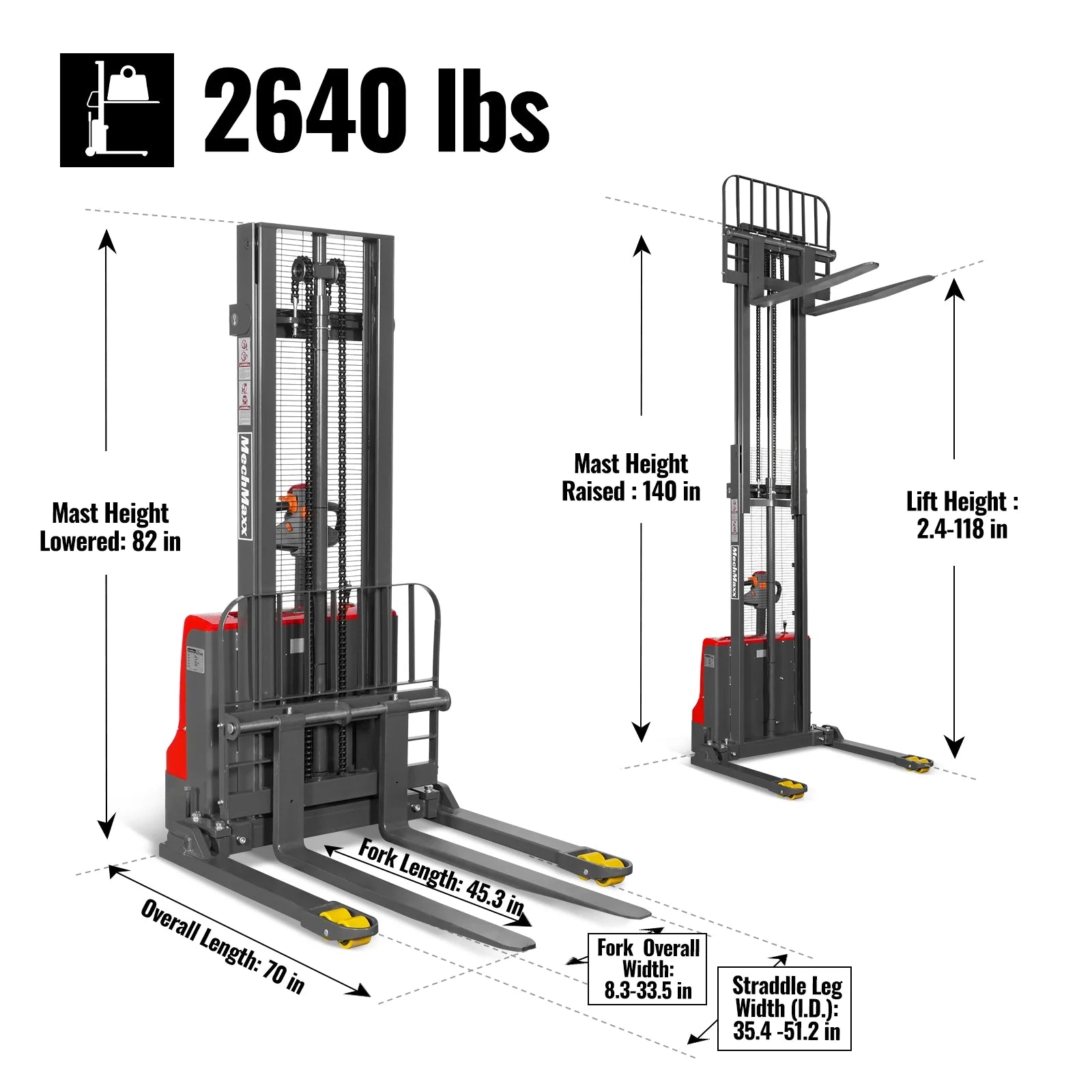 2640lbs Electric Straddle Stacker, 118" Lift, Adjustable Legs & Forks, F26-118SLA