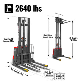 2640lbs Electric Straddle Stacker, 118" Lift, Adjustable Legs & Forks, F26-118SLA
