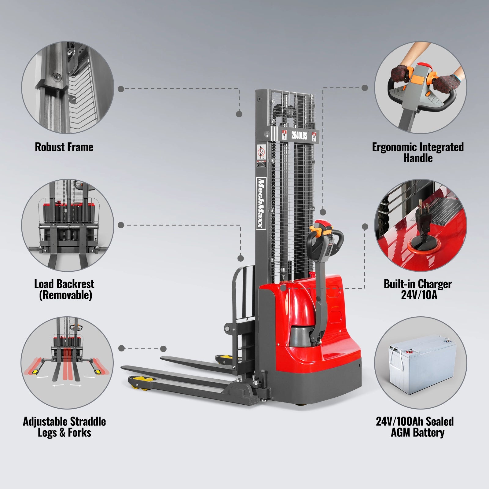 2640lbs Electric Straddle Stacker, 118" Lift, Adjustable Legs & Forks, F26-118SLA
