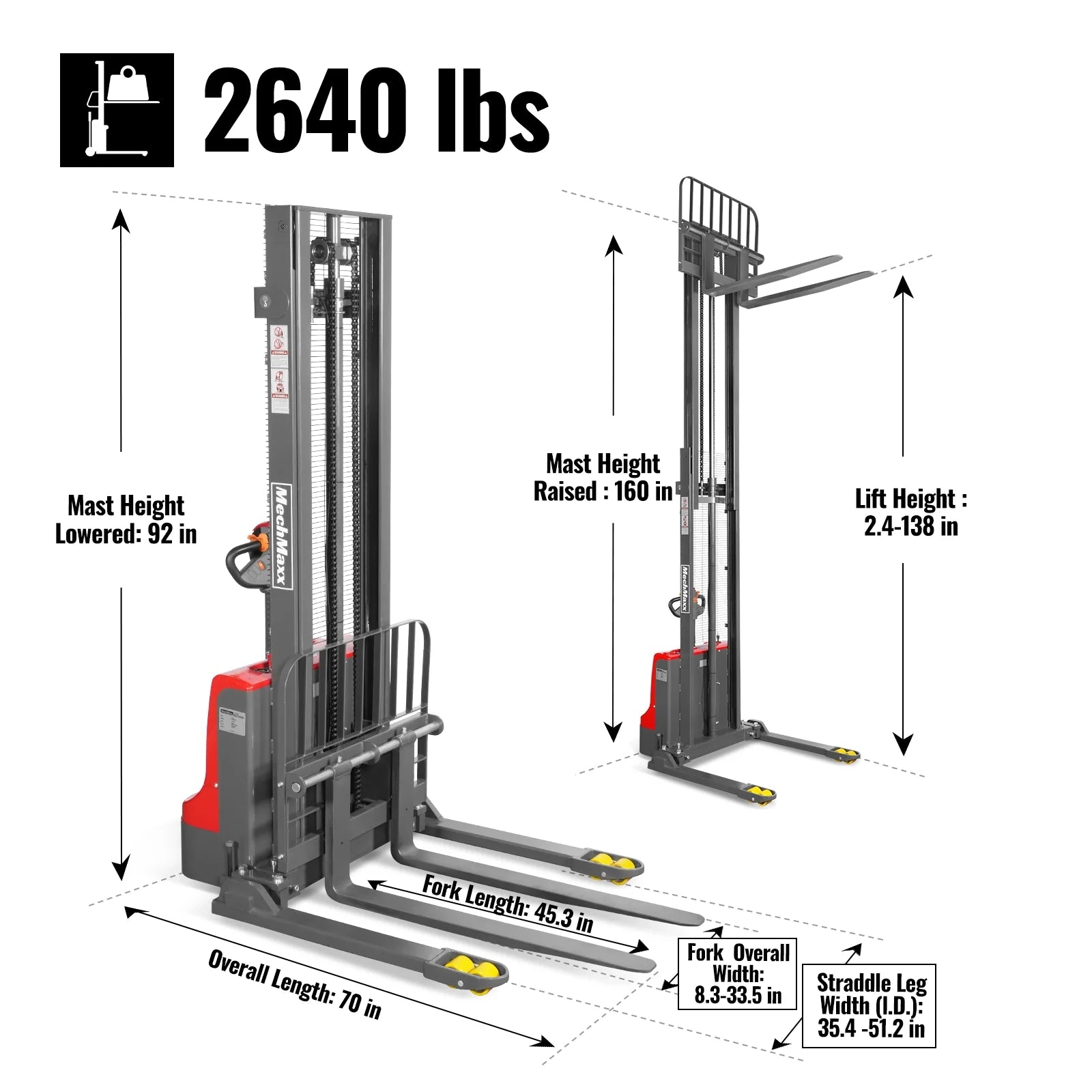 2640lbs Electric Straddle Stacker,138" Lift, Adjustable Legs & Forks, F26-138SLA
