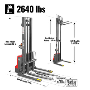 2640lbs Electric Straddle Stacker,138" Lift, Adjustable Legs & Forks, F26-138SLA