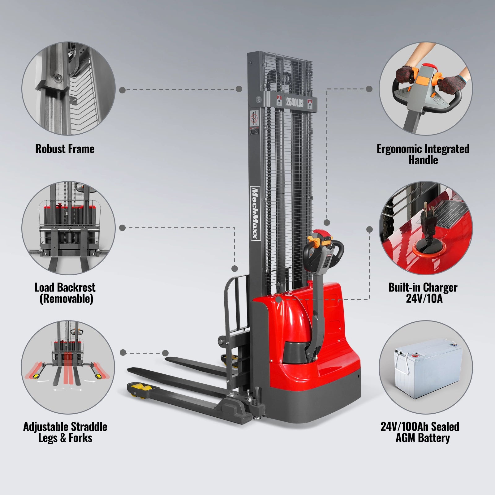 2640lbs Electric Straddle Stacker,138" Lift, Adjustable Legs & Forks, F26-138SLA