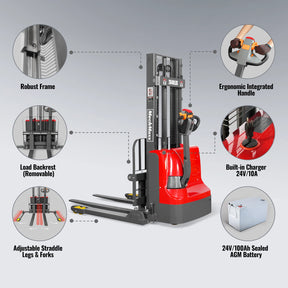 2640lbs Electric Straddle Stacker, 98" Lift, Adjustable Legs & Forks, F26-98SLA