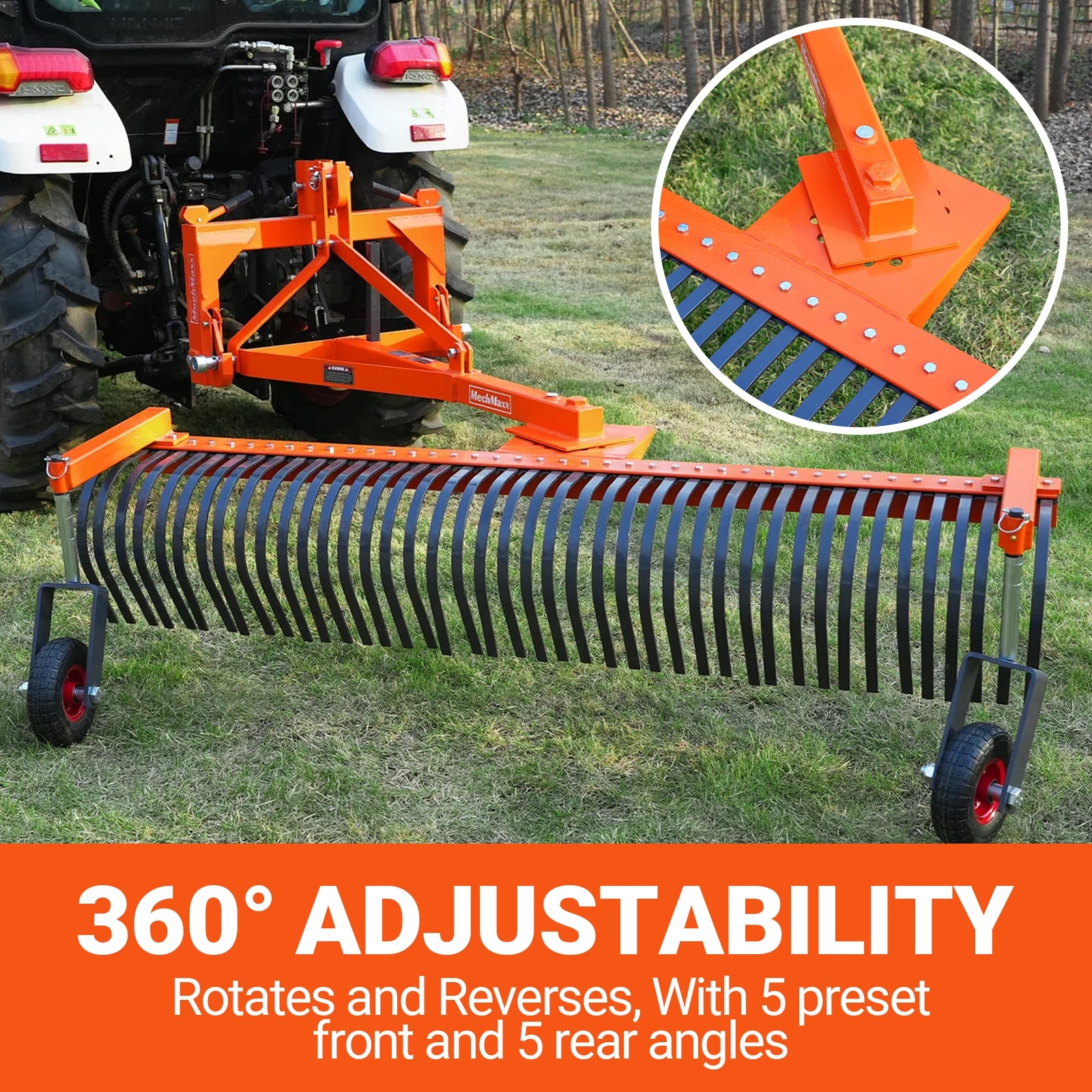 84" Landscape Rake with Bolt-On Wheels & 42 Tines 3 Point Hitch Tractor Attachment,  LR84W