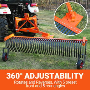 84" Landscape Rake with Bolt-On Wheels & 42 Tines 3 Point Hitch Tractor Attachment,  LR84W