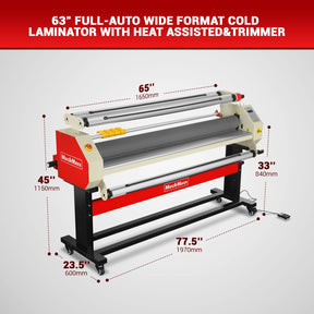 65" Wide Format Full-Auto Cold & Heat Assisted Pneumatic Laminator Machine with 4 Trimmers, Max Speed 40ft/min, 63" Max Width, Infrared Heating, Digital Control Pneumatic Roller Lifting (Requires Air Compressor, Not Included) 1700-B2RED