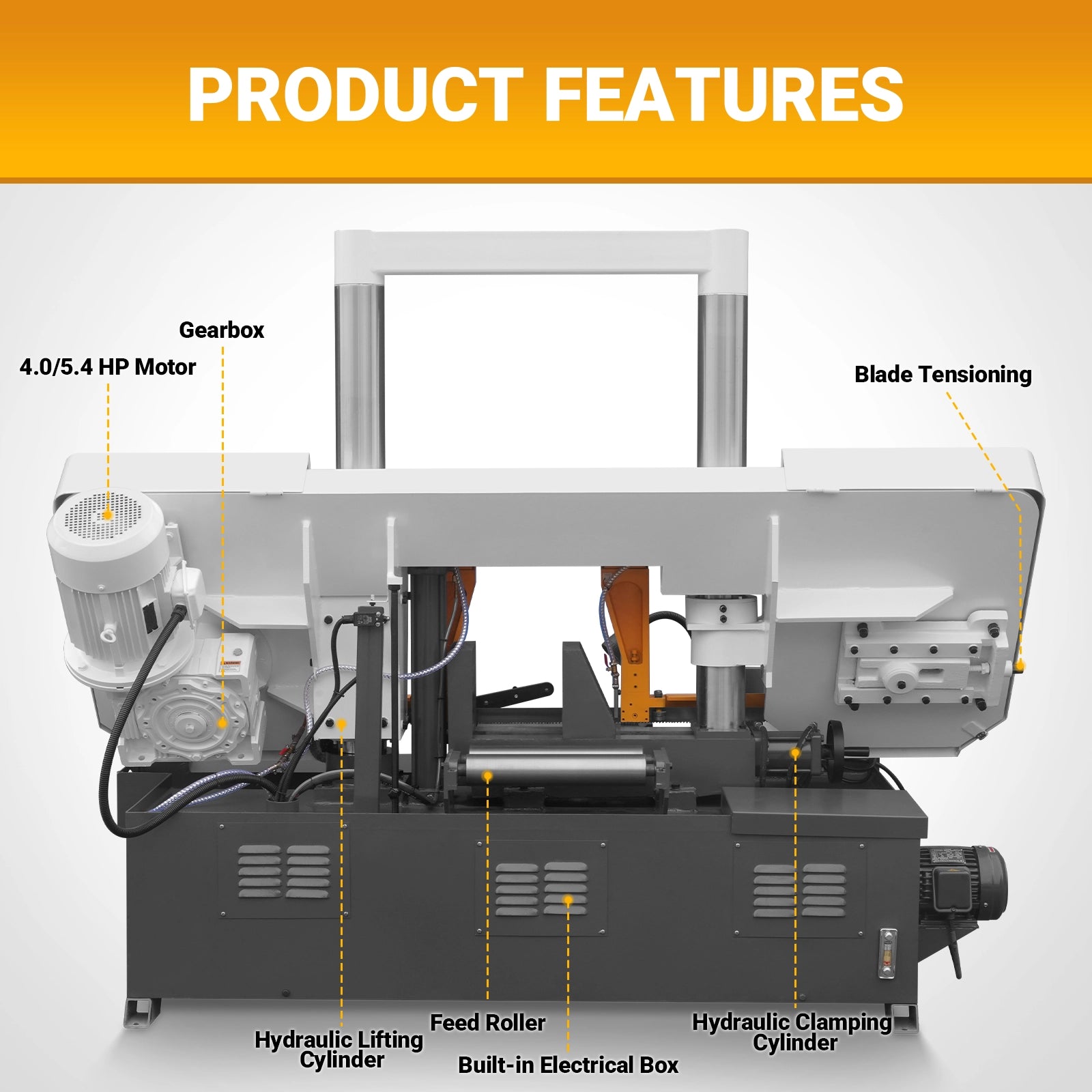 15.7" Industrial Horizontal Metal Cutting Band Saw, Hydraulic Feed, 3.0/4.0 kW Motor, Manual Clamping, for Steel, Alloy, Metal Fabrication GH4240