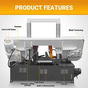 15.7" Industrial Horizontal Metal Cutting Band Saw, Hydraulic Feed, 3.0/4.0 kW Motor, Manual Clamping, for Steel, Alloy, Metal Fabrication GH4240