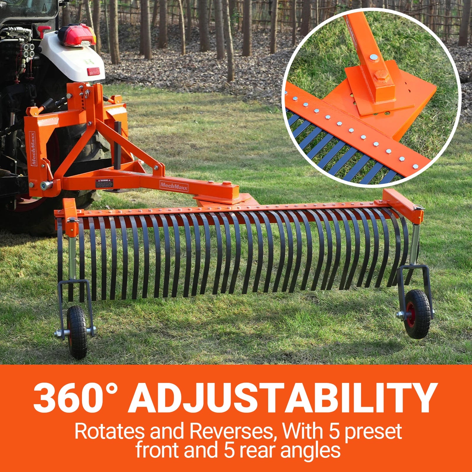 72" Landscape Rake with Bolt-On Wheels & 36 Tines 3 Point Hitch Tractor Attachment, LR72W