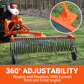 72" Landscape Rake with Bolt-On Wheels & 36 Tines 3 Point Hitch Tractor Attachment, LR72W