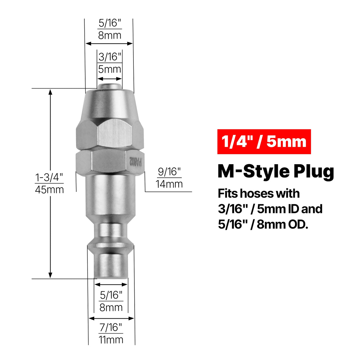 5mm M-Style Plug Air Fitting, for SKU: 501014, 501015, 501016, 501017, 501018, 501019, 501020, 501021, 501022