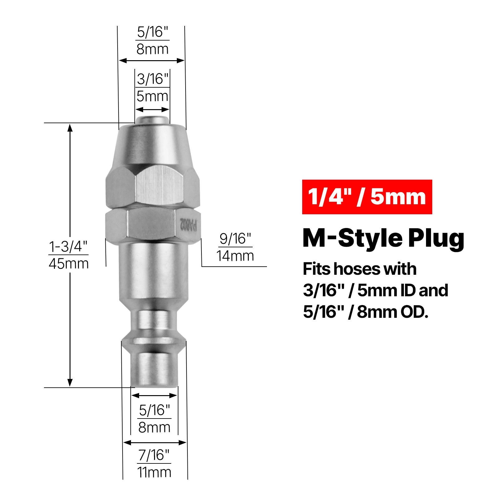 5mm M-Style Plug Air Fitting, for SKU: 501014, 501015, 501016, 501017, 501018, 501019, 501020, 501021, 501022
