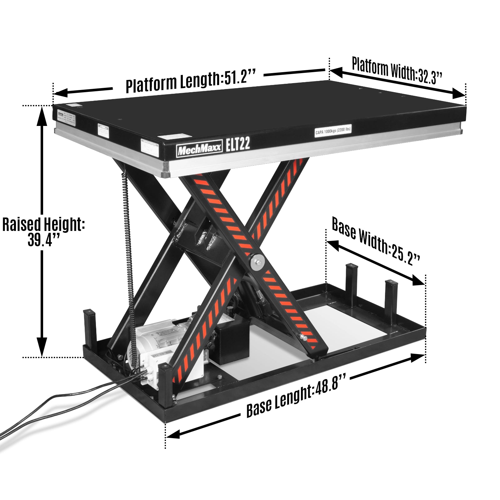 2200lb Capacity Stationary Electric Hydraulic Lift Table , 51.2” x 32.3”Platform, 39.4”Lift Height ,UL Certified Motor, ELT22