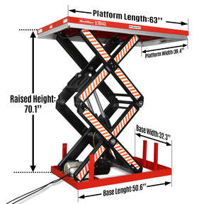 4400 lb Capacity Stationary Electric Hydraulic Double Scissor Lift Table – 63" x 39.4" Platform, 70.1" Lift Height, UL Certified Motor