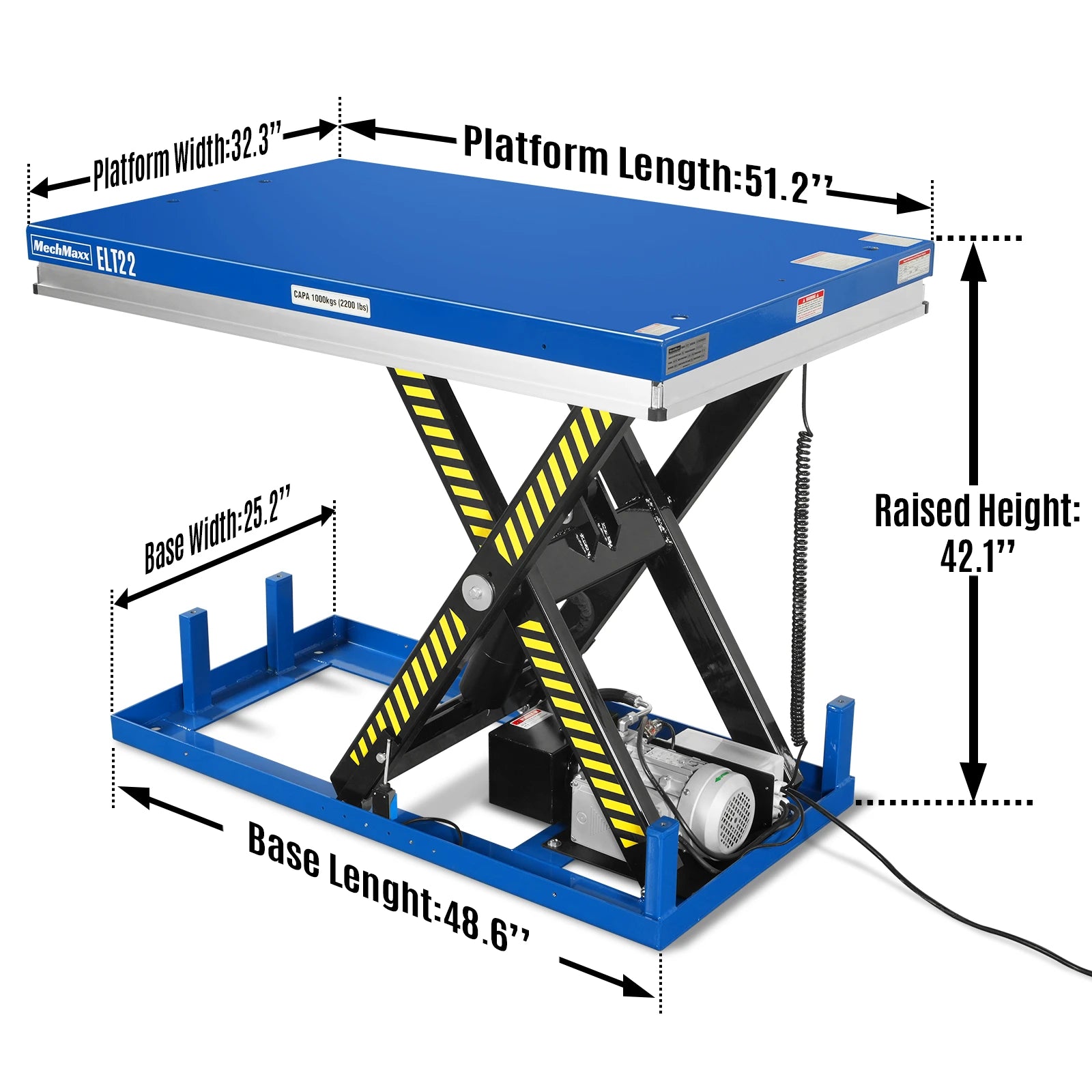 Wireless Remote Control Electric Hydraulic Lift Table, 2200lb Capacity, 51.2" x 32.3" Platform, 42.1" Lift Height, ELT22