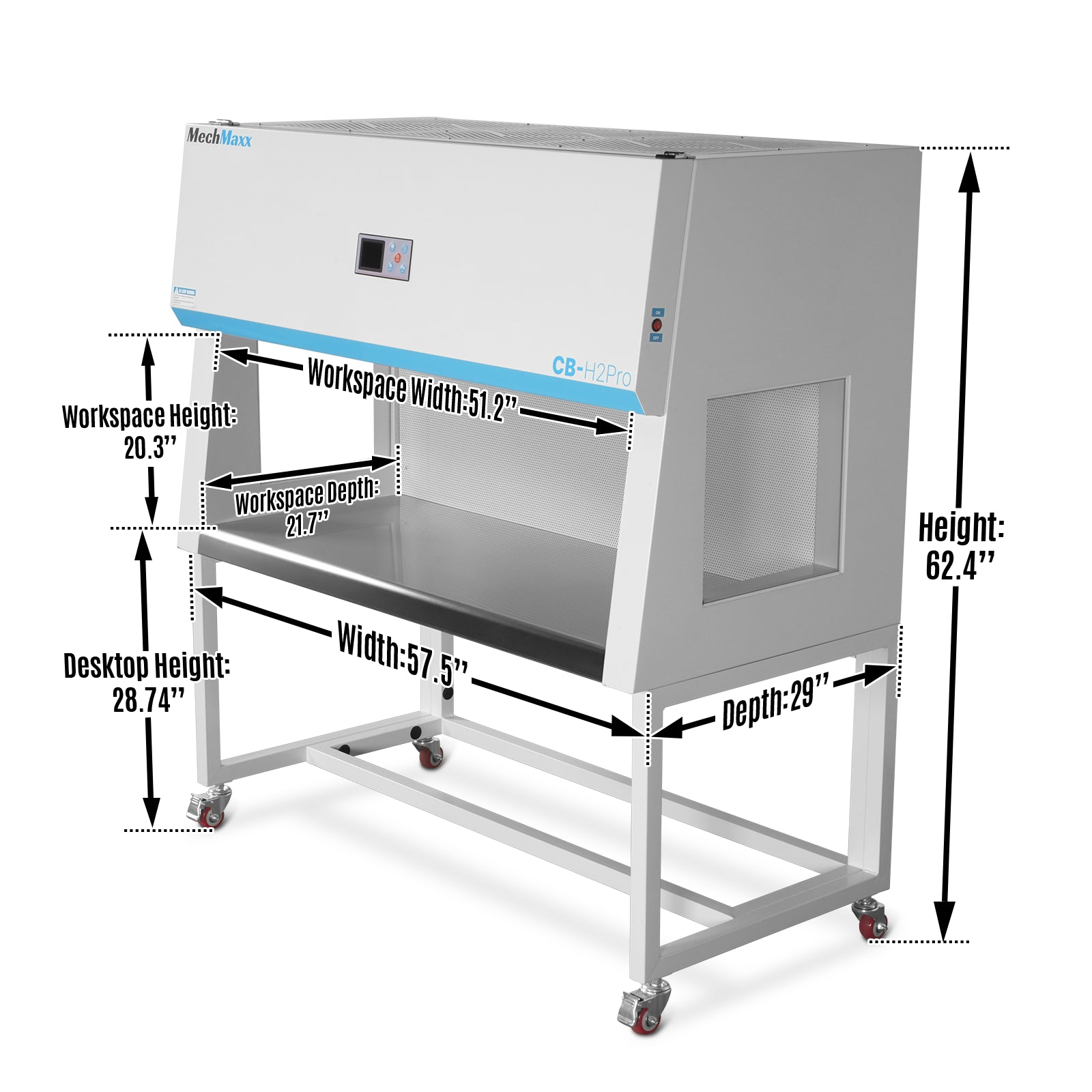 57.5″ Wide CB-H2Pro Horizontal Laminar Flow Clean Bench with HEPA Filtration & UV Sterilization | ISO Class 5