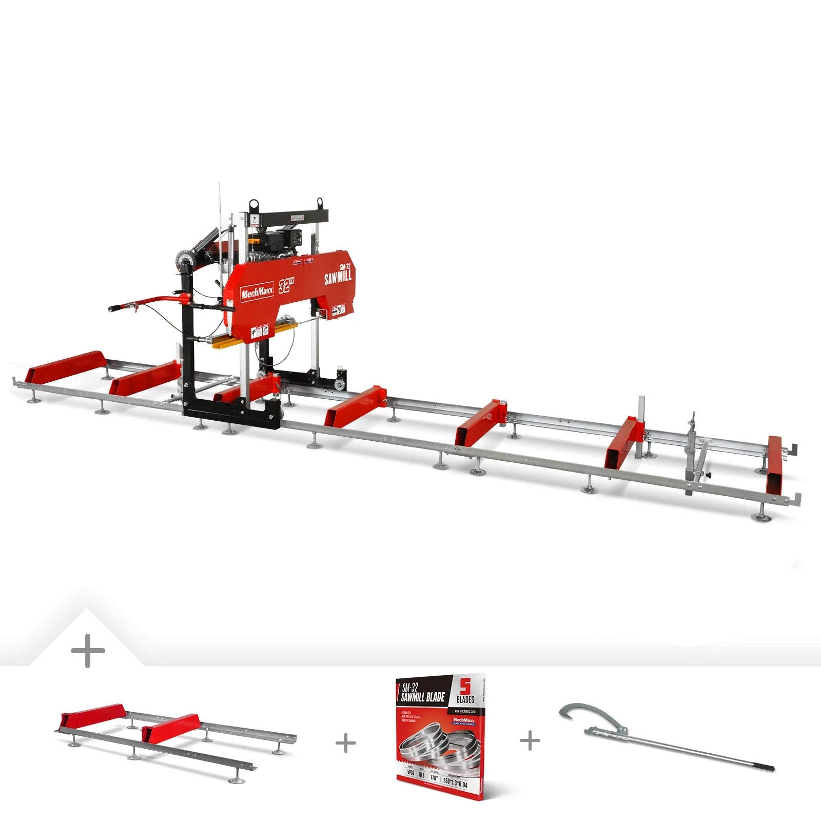 32" Portable Sawmill (5 x Blades Included),  KOHLER CH440 429cc E-Start Gasoline Engine, 29" Board Width, 20' Track Length (6.6' Track Extension Included) , SM32