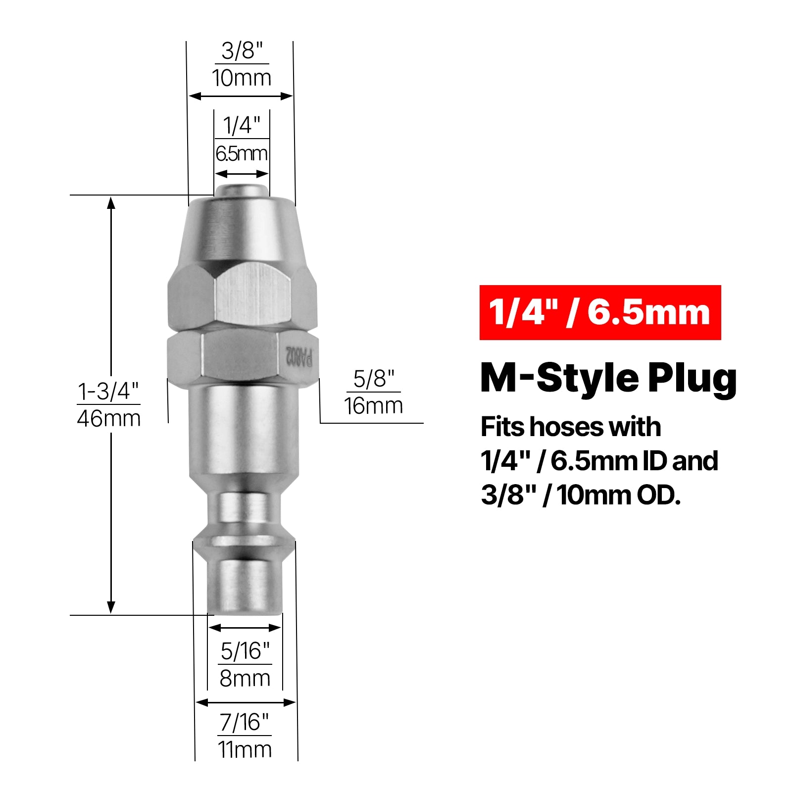 6.5mm ID Air Line Hose with M-Style Plug, for SKU: 501014, 501015, 501016, 501017, 501018, 501019, 501020, 501021, 501022