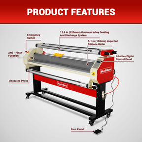 65" Wide Format Full-Auto Cold & Heat Assisted Pneumatic Laminator Machine with 4 Trimmers, Max Speed 40ft/min, 63" Max Width, Infrared Heating, Digital Control Pneumatic Roller Lifting (Requires Air Compressor, Not Included) 1700-B2RED
