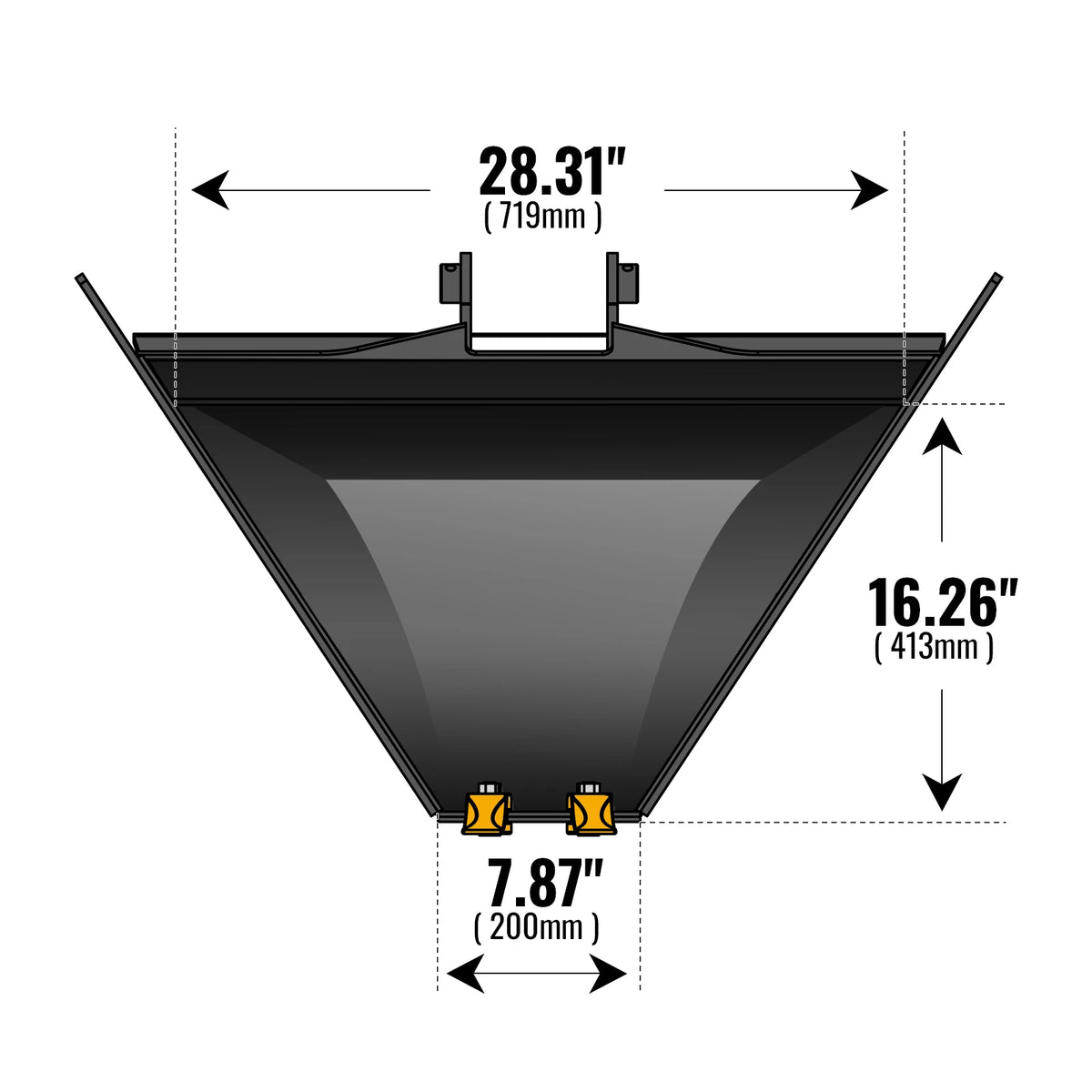 Trapezoidal V-Ditching Bucket without Pins, 2-Carbon Steel Teeth (for SKU: 150162, 150163, 150164, 201162, 201163, 201164)