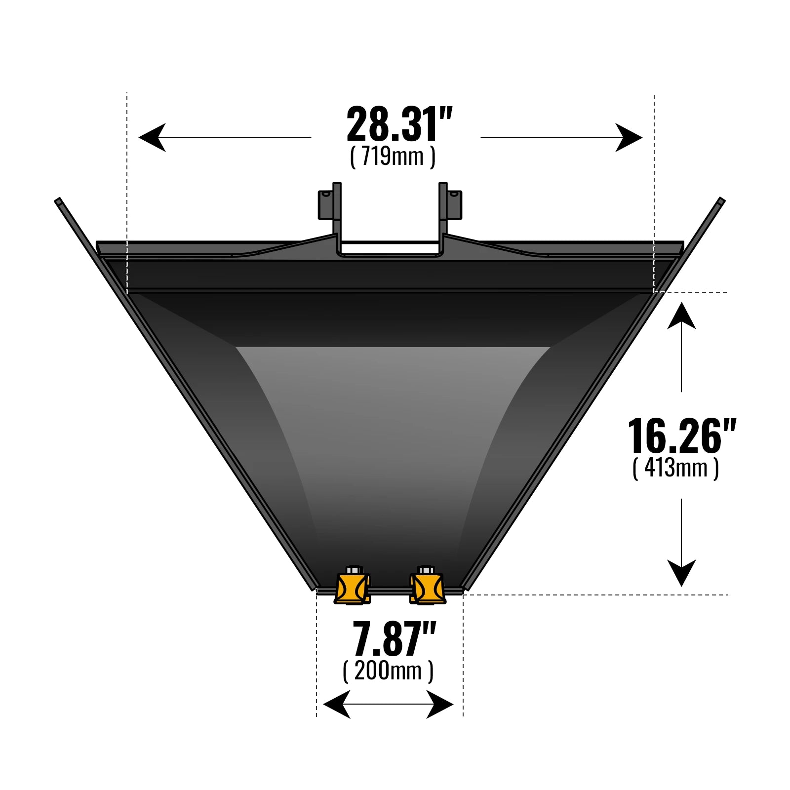 Trapezoidal V-Ditching Bucket without Pins, 2-Carbon Steel Teeth (for SKU: 150162, 150163, 150164, 201162, 201163, 201164)